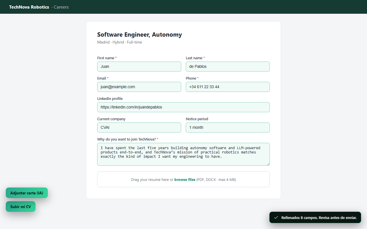 The CVAI extension filling an application form